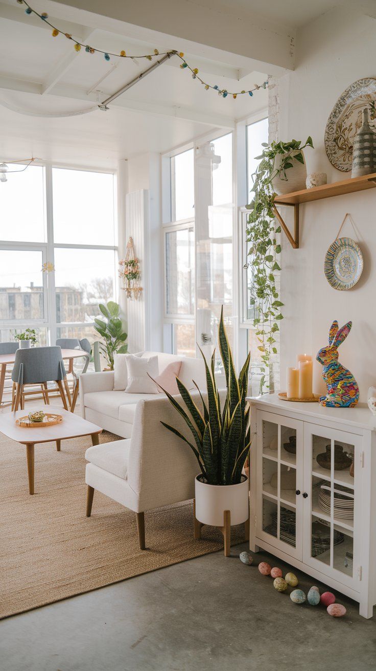 this picture contain a sitting room with chairs, tables, plants, easter decoration and more