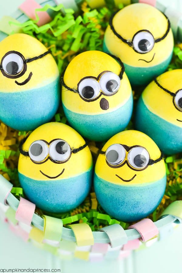 the picture has eggs decorated in yellow ,black ,white and blue