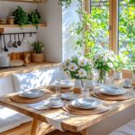 the picture contain flowers, table and chairs in a space inside the home , with sunlight shinning on every corner