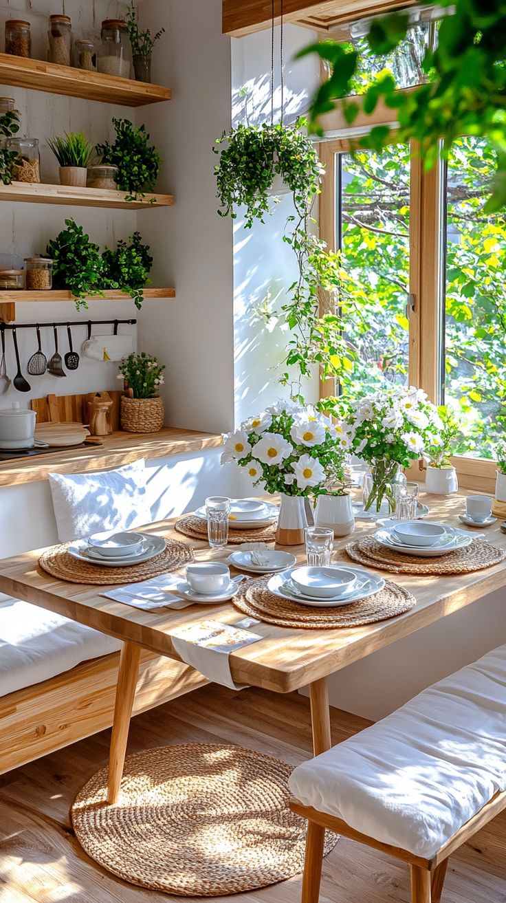 the picture contain flowers, table and chairs in a space inside the home , with sunlight shinning on every corner