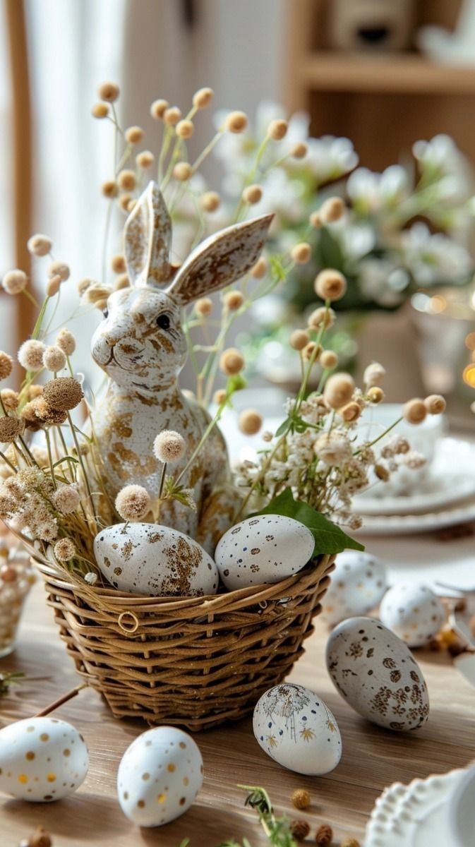 this picture contains an easter decor. basket, eggs, stuffed rabbit on a table